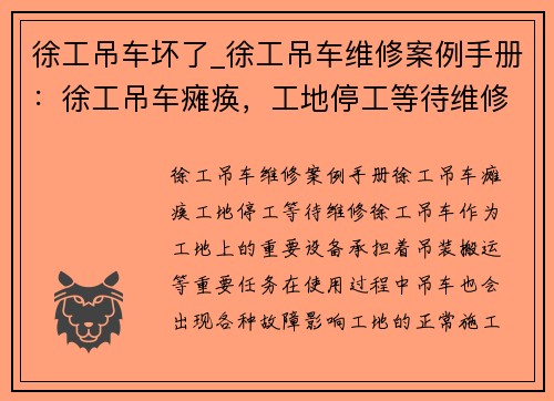 徐工吊车坏了_徐工吊车维修案例手册：徐工吊车瘫痪，工地停工等待维修