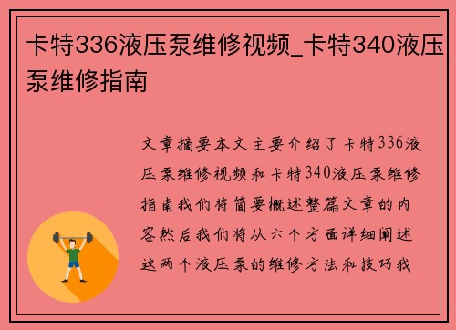 卡特336液压泵维修视频_卡特340液压泵维修指南